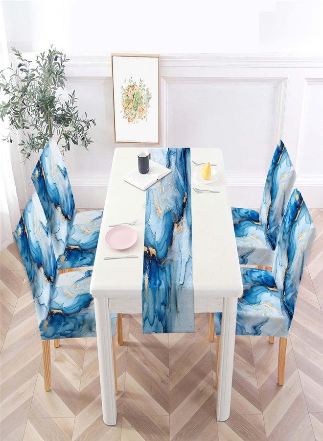 MCALK Blue Chair Covers Set of 4 and Table Runner,Stretch Marble Print Chair Slipcovers for Kitchen,Washable Removable Chair Protector Modern Chair Covers for Dining Room - Image 1